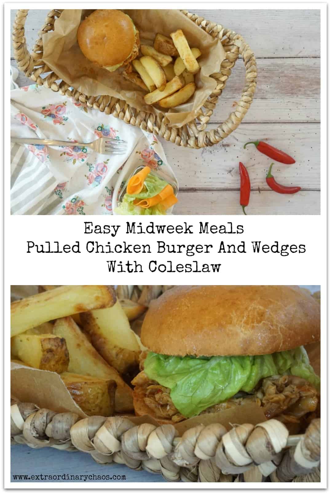 Easy Midweek Meals for busy families, BBQ Pulled Chicken Burger And Wedges With Coleslaw
