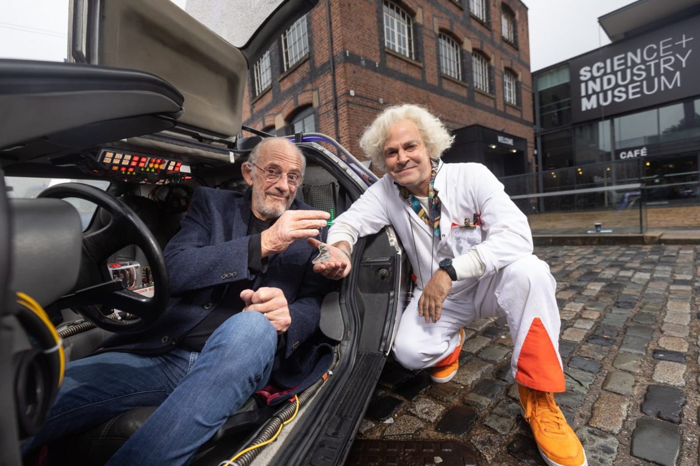 LtoR Christopher Lloyd & Roger Bart (Doc Brown) at the Manchester launch for Back to the Future the Musical, credit Phil Treagus
