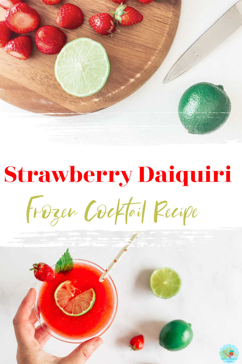 Frozen strawberry daiquiri recipe made with fresh strawberries for summer parties and sunny garden cocktails