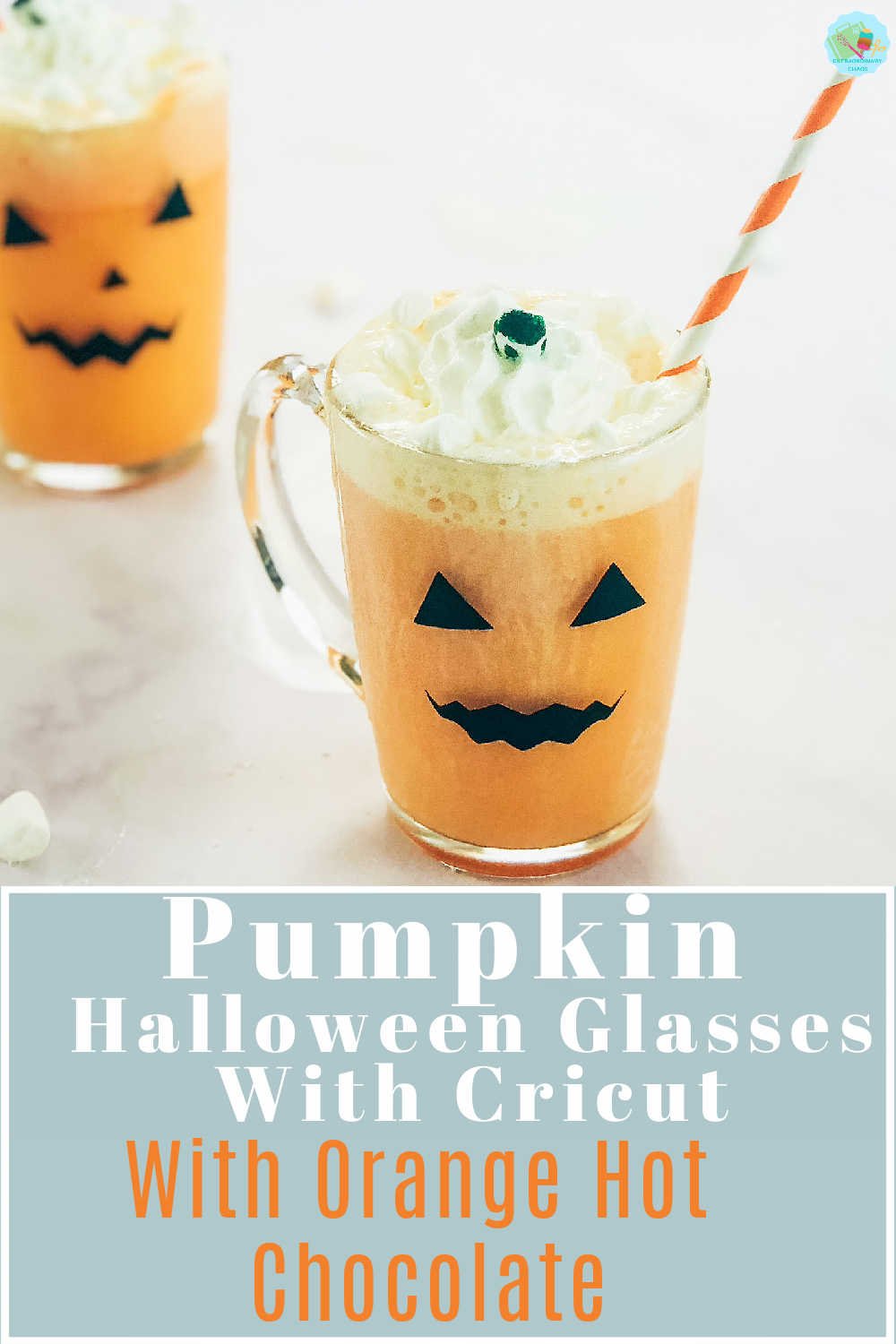 How to make spooky Pumpkin face Halloween Glasses with Cricut Vinyl with Orange hot chocolate topped with cream