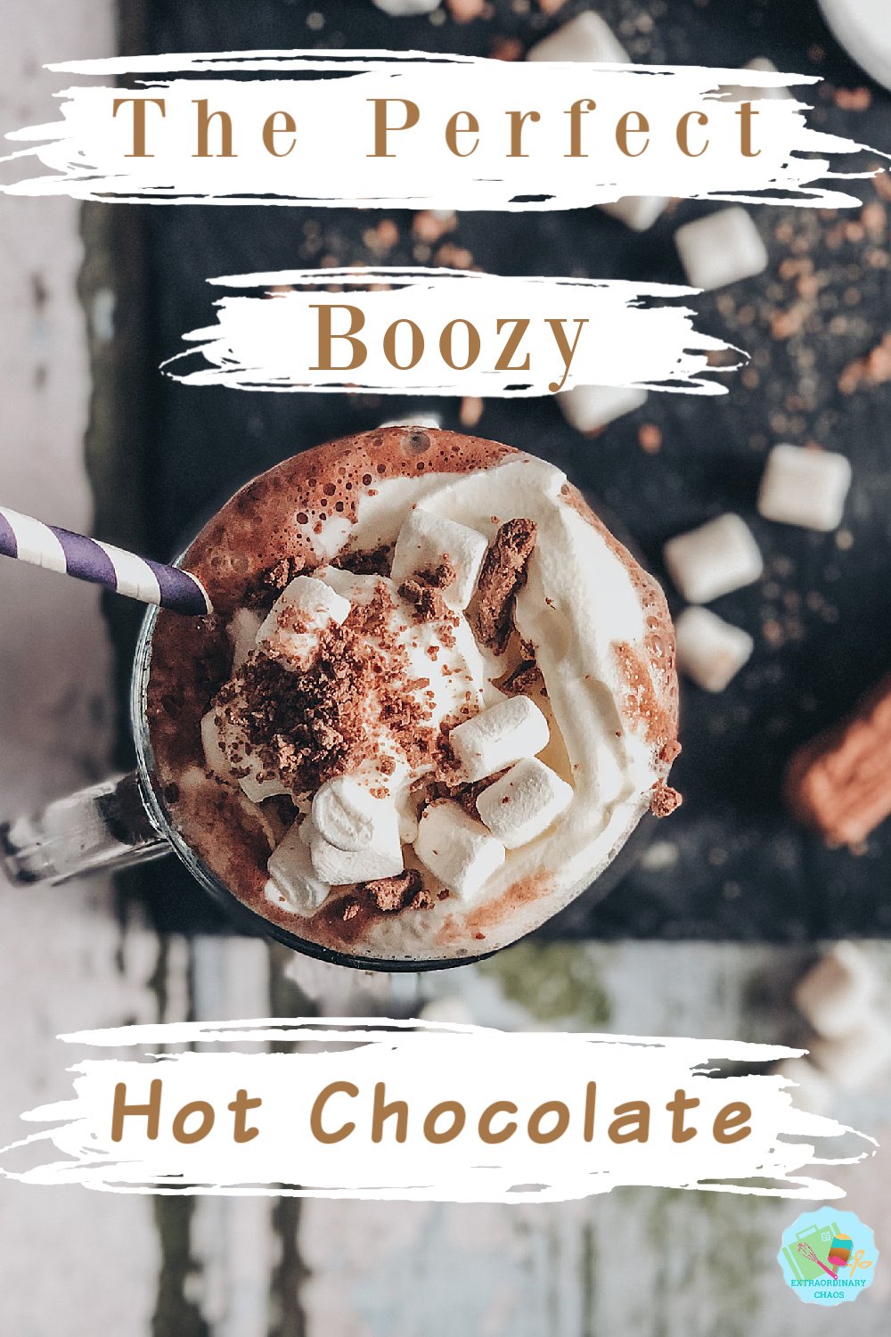 How to make the perfect boozy hot chocolate for cold winters days, winter parties and evenings by the fire, hot chocolate with Moose Spirit topped with cream, marshmallows and crushed flake