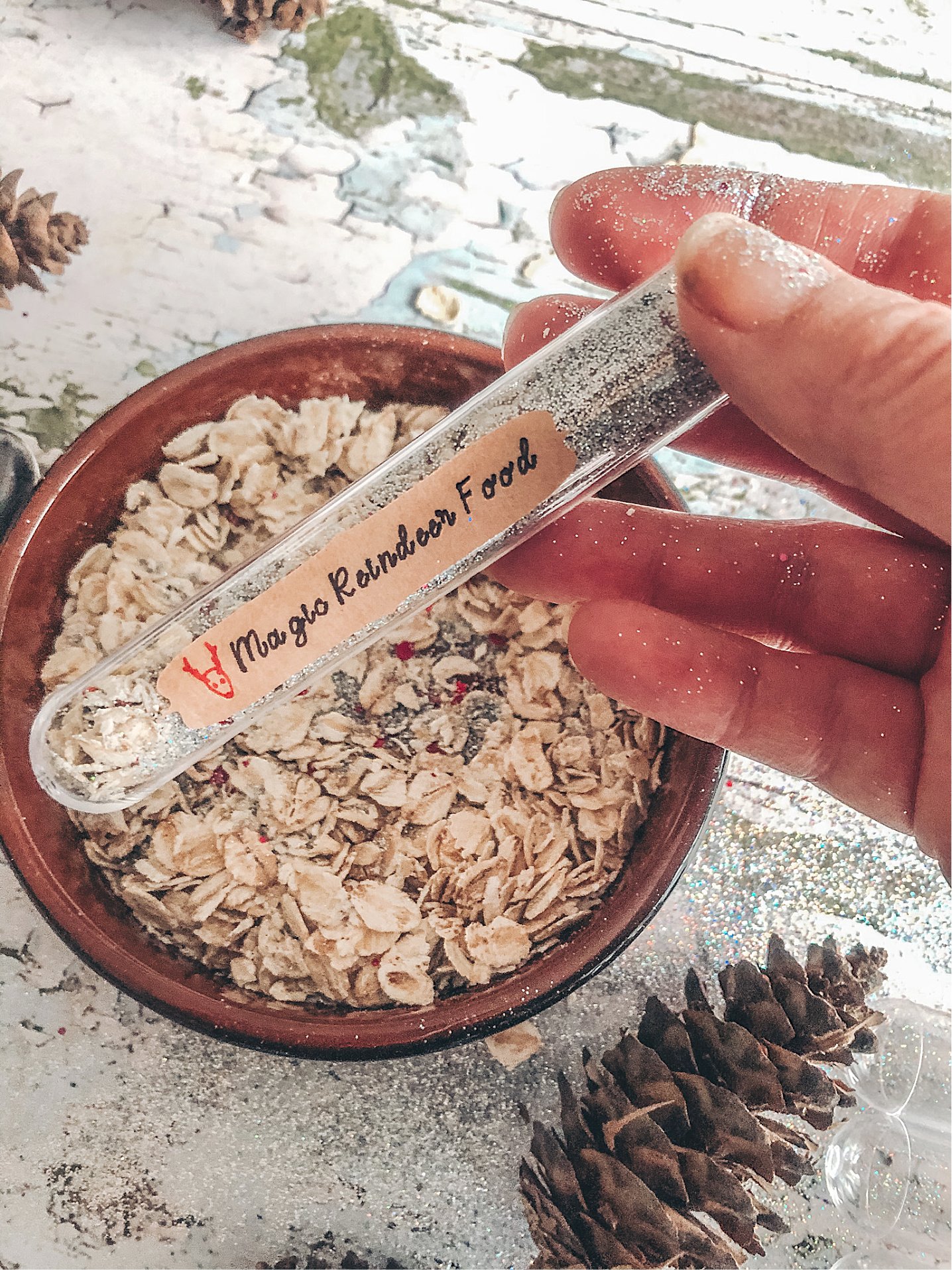 Now fill your tubes with your magic oat and glitter mix