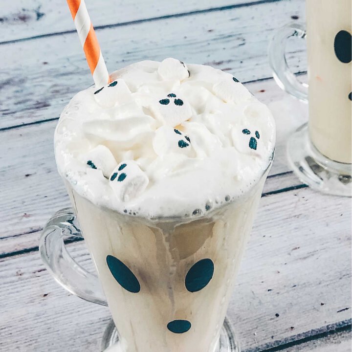 Put ghost faces on Marshmallow with edible pen to create floating ghost faces on hot chocolate