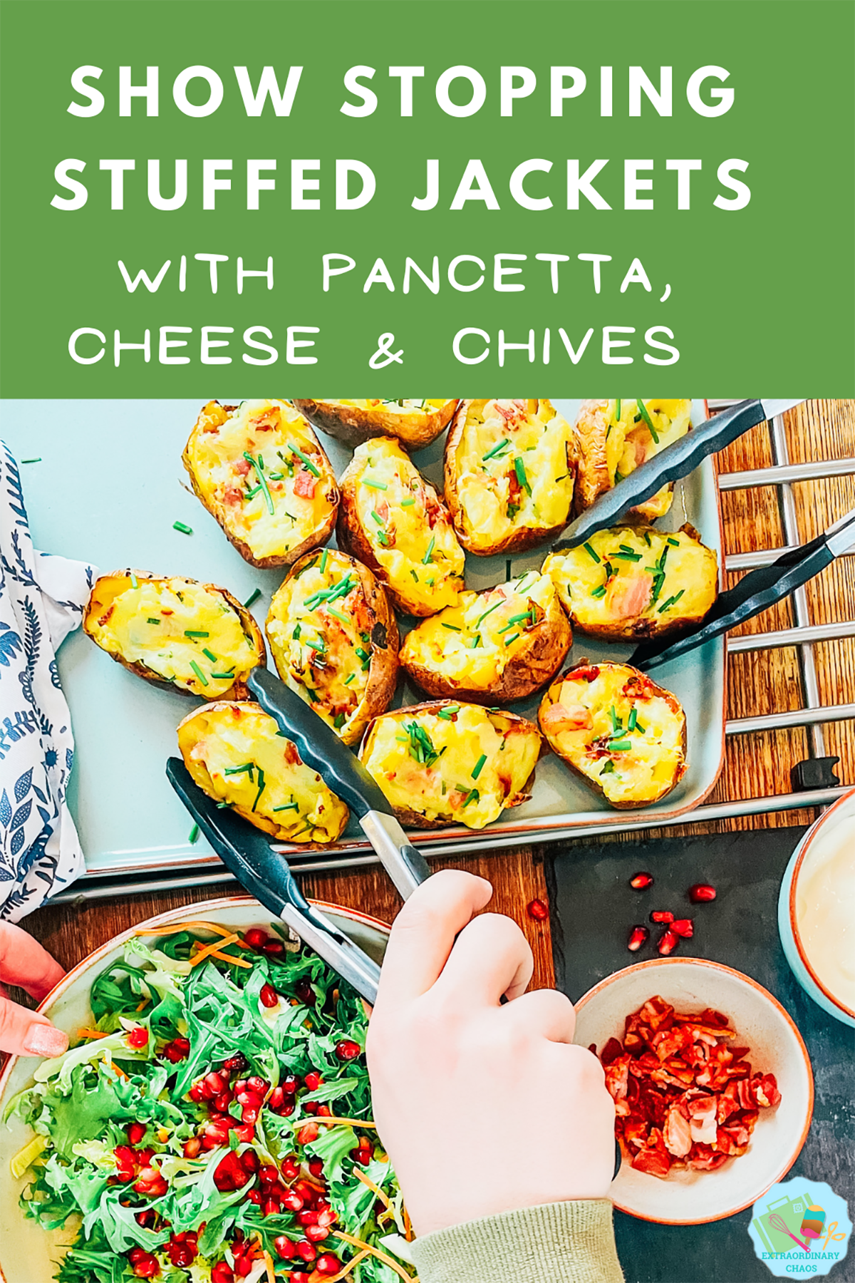 Show stopping stuffed Jackets with pancetta, Cheese and chives