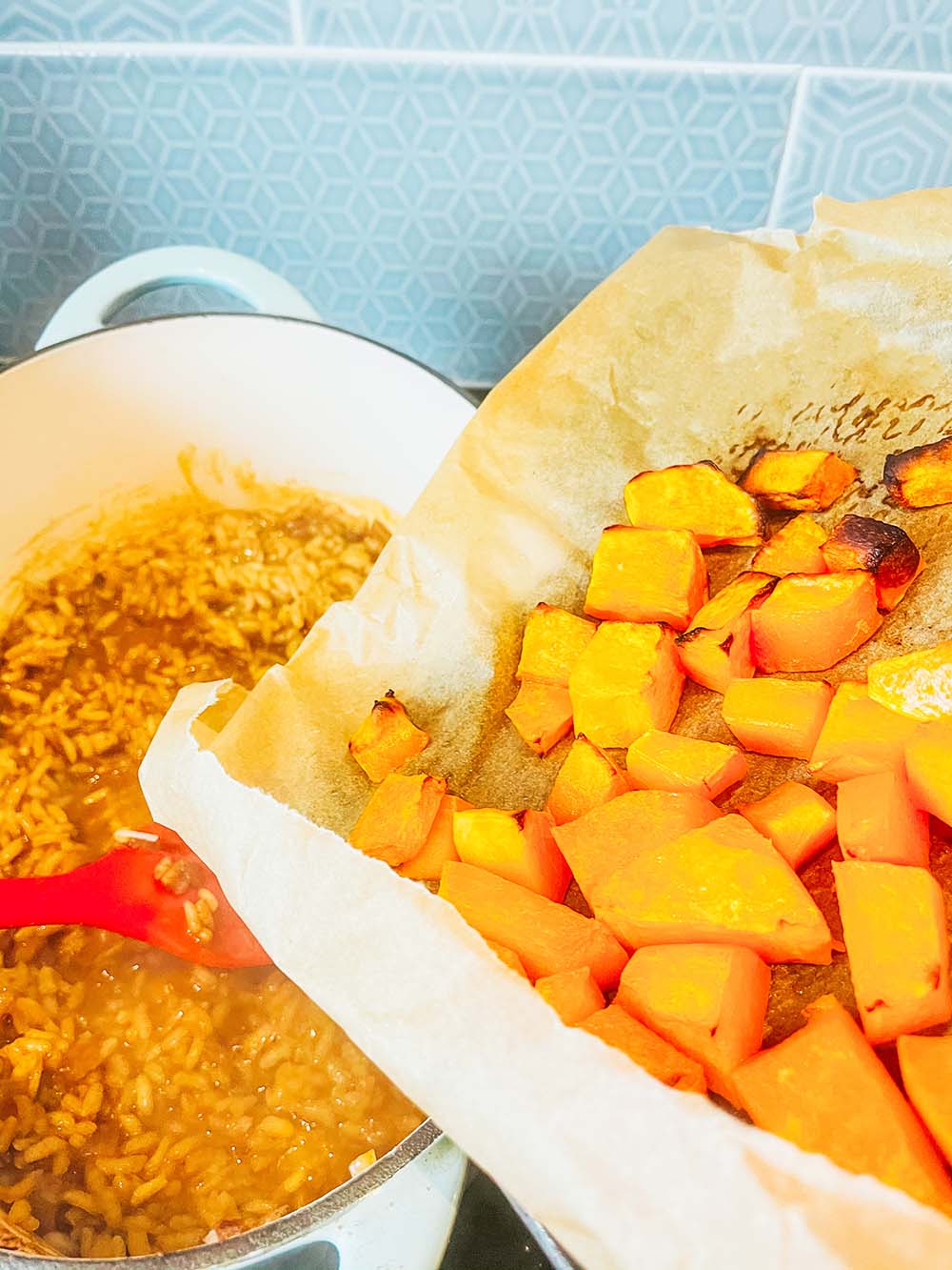 Add the roasted butternut squah to the cooked risotto