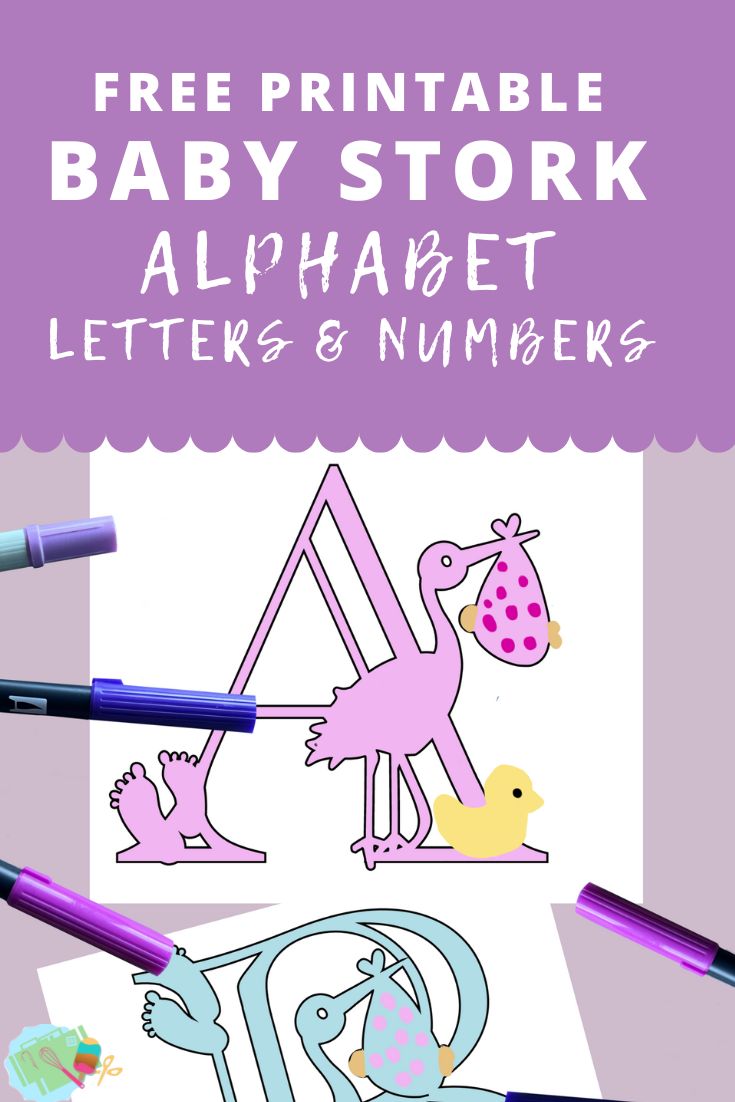 Free Printable Coloring Baby Stork Alphabet Letters & Numbers