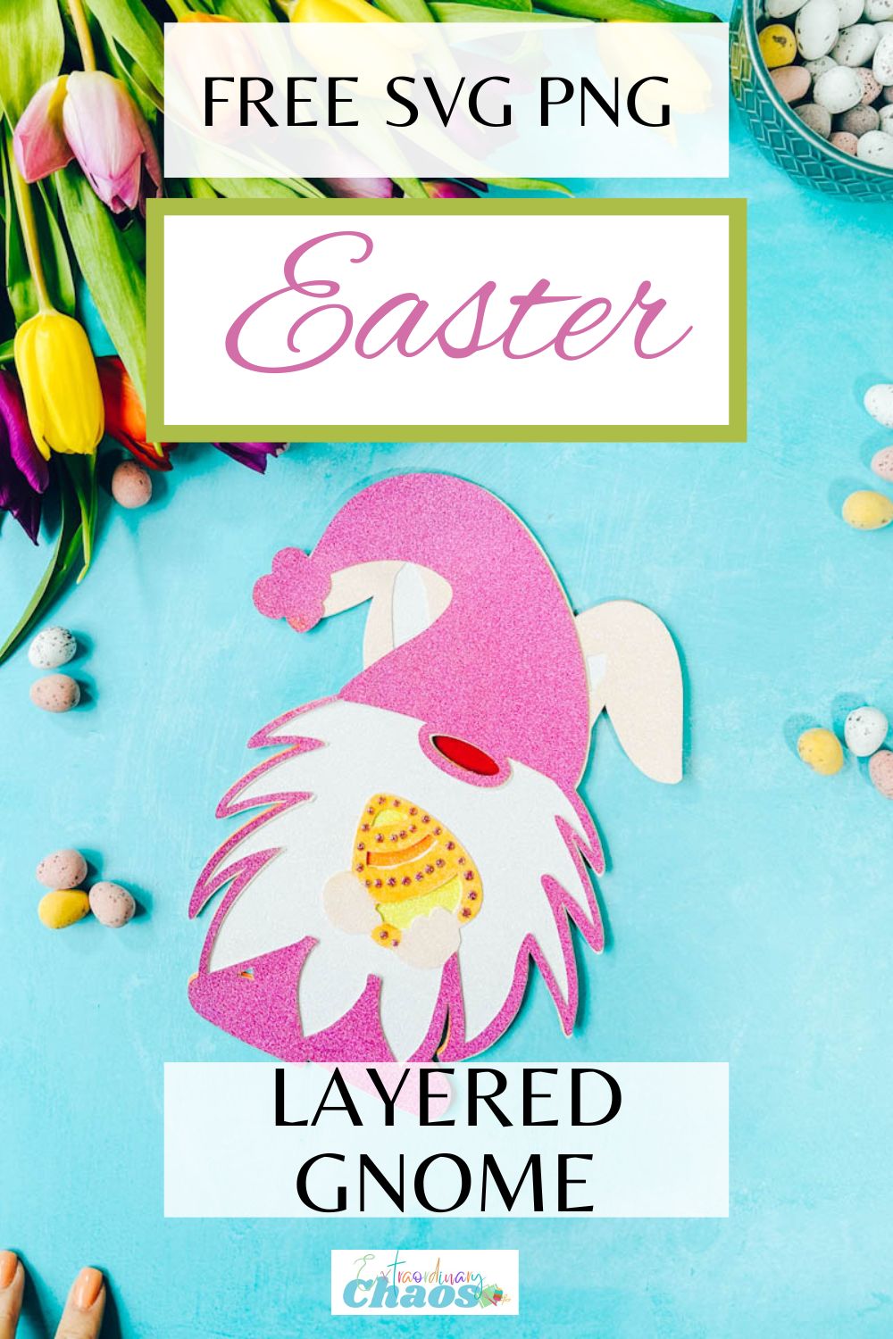 Free SVG PNG layered Easter Bunny Gnome for Easter crafts with Cricut, Silhouette, xTool and Glowforge