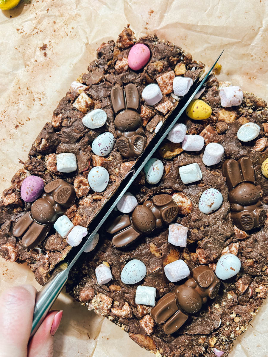 Once your Rocky Road is thoroughly set remove from the fridge and slice into 20 squares with a sharp knife.