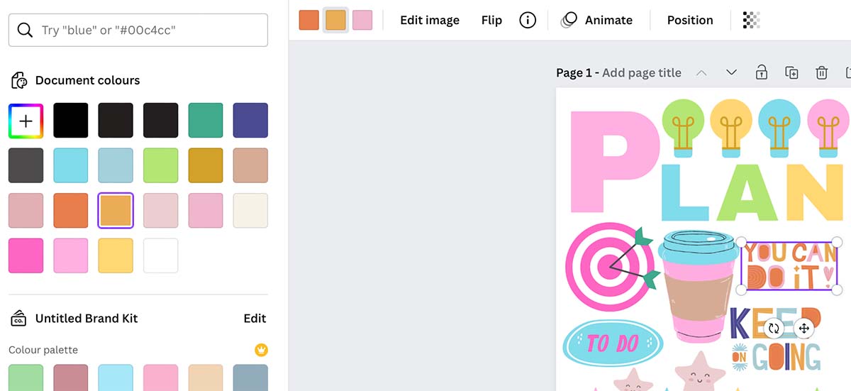 You can change the colour of many images in Canva by clicking on the image and selecting from the colour panel on the left.