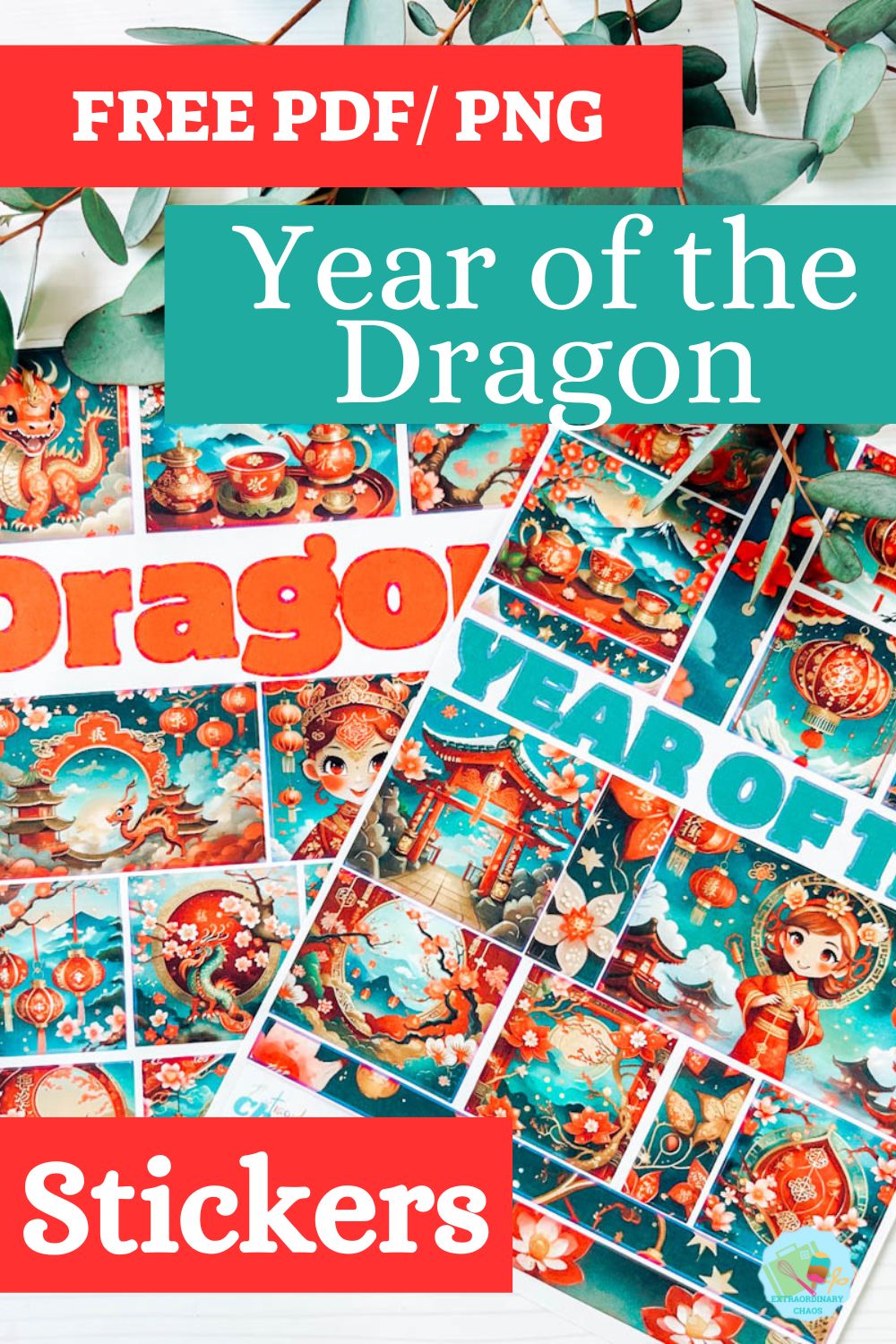 Free PDF PNG Chinese New Year, Year of the Dragon printable Stickers for Cricut and Silhouette