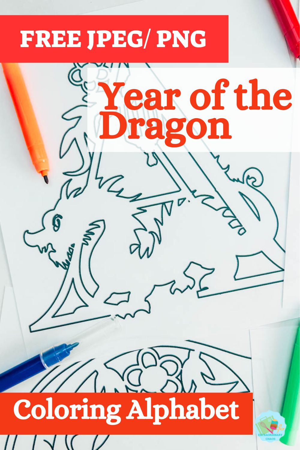 Free printable Year of the Dragon Coloring Alphabet and Number Set for Chinese New Year